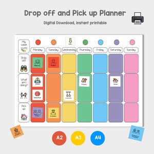 Drop off Pick Up Weekly Planner, Childrens Activity Planner, Digital Download, Visual Timetable, Now and Next, Routine Board for Kids