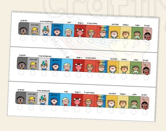 Könnte beinhalten: Druckbare Emotionsskalen-Lineal mit vier Reihen von Comic-Gesichtern, die verschiedene Emotionen darstellen, darunter Angst, Besorgnis, Überforderung, Traurigkeit, Wut, Frustration, Verwirrung, Aufregung, Glück, Ruhe und Liebe. Das Lineal ist für den Druck auf einem A4-Blatt Papier konzipiert.