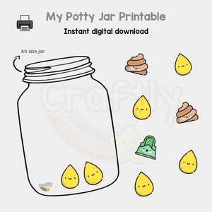 May include: Printable potty jar chart with a black and white outline of a jar, two yellow poop emojis inside the jar, and several yellow poop emojis and a green toilet seat emoji scattered around the jar. The text "My Potty Jar Printable" and "Instant digital download" is at the top of the image. The text "A4 size jar" is next to the jar.
