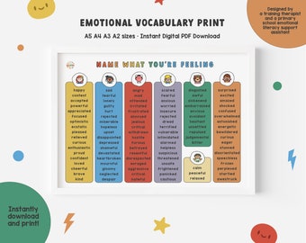 Emotions and Feelings Print, Vocabulary for Emotional Regulation, Kids Poster Digital Download, Classroom Childrens Mindfulness Poster