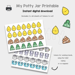 May include: Printable potty training reward chart with colorful tokens to cut out. The tokens feature images of a toilet, a hand washing, a diaper, a roll of toilet paper, and a poop. The text on the chart reads "My Potty Jar Printable" and "Instant digital download".