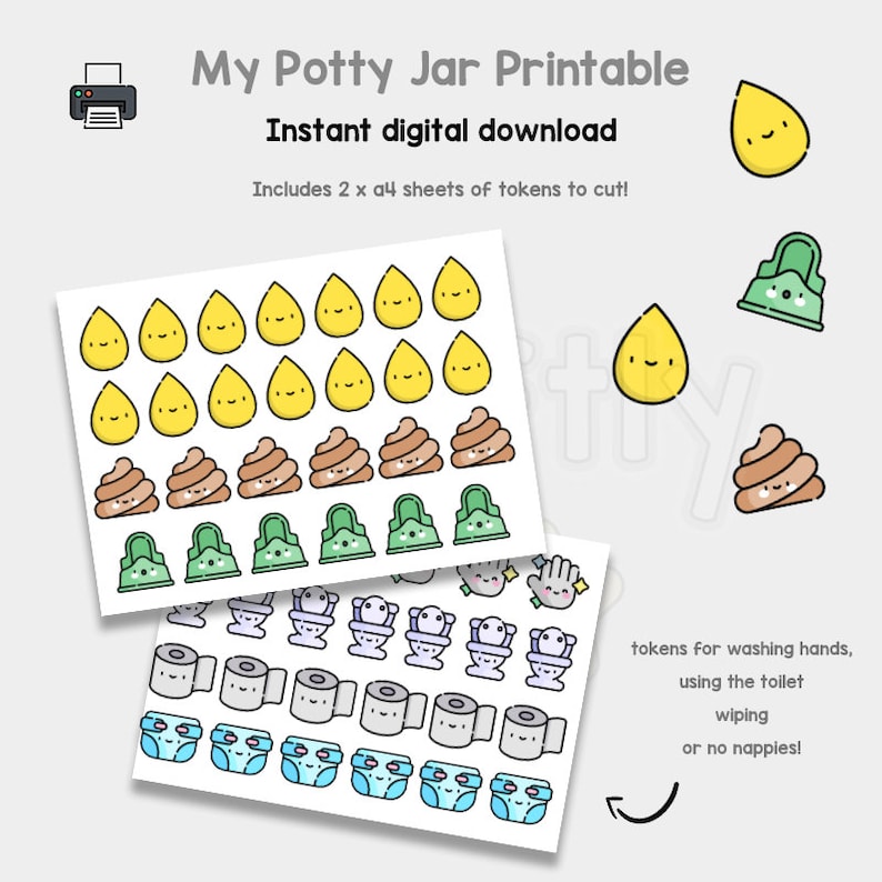 May include: Printable potty training reward chart with colorful tokens to cut out. The tokens feature images of a toilet, a hand washing, a diaper, a roll of toilet paper, and a poop. The text on the chart reads "My Potty Jar Printable" and "Instant digital download".