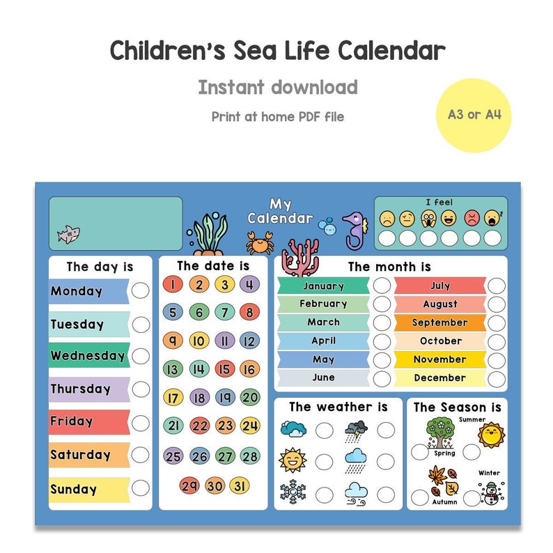 Calendar Printable for Kids Childrens My First Calendar - Etsy