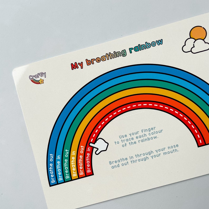 May include: A colorful rainbow with a dashed line in the center. The rainbow is labeled "My breathing rainbow" and has instructions to trace each color with a finger and breathe in through the nose and out through the mouth.