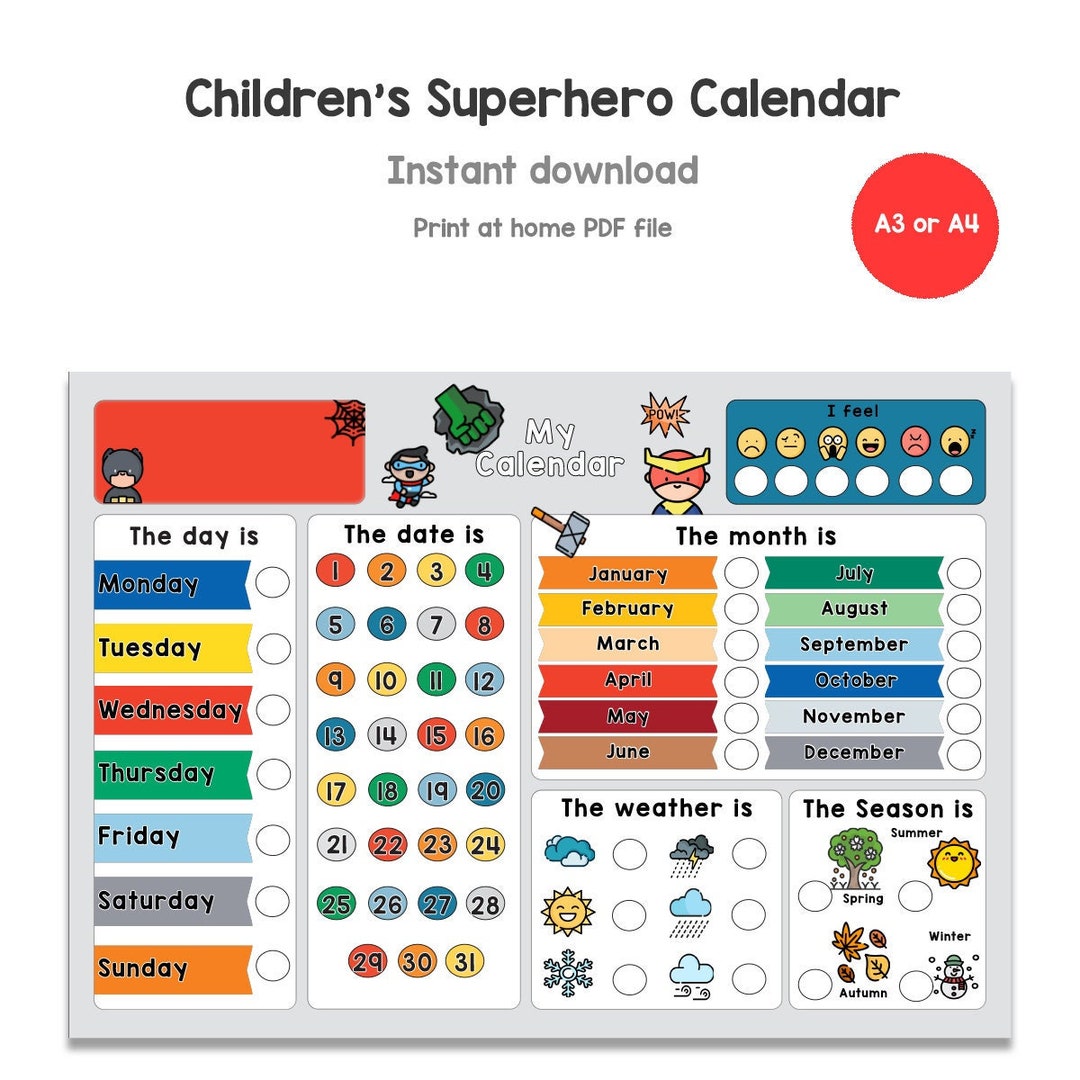 Calendar Printable for Kids, Childrens My First Calendar, Digital ...