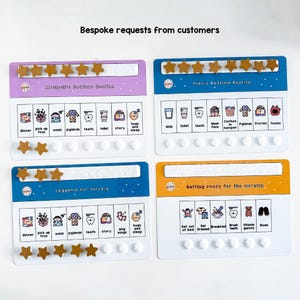 May include: Four colorful chore charts with star-shaped magnets. The charts include text such as "Abigail's Bedtime Routine" and "Theo's Bedtime Routine". Each chart has illustrated icons representing daily tasks, such as "dinner" and "sleep".