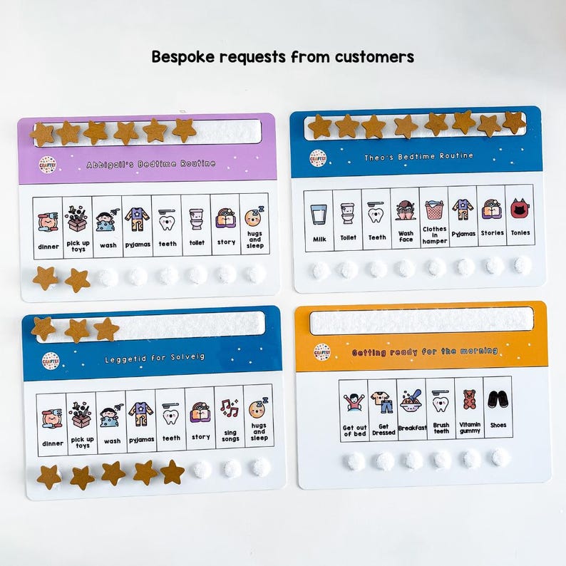 May include: Four colorful chore charts with star-shaped magnets. The charts include text such as "Abigail's Bedtime Routine" and "Theo's Bedtime Routine". Each chart has illustrated icons representing daily tasks, such as "dinner" and "sleep".