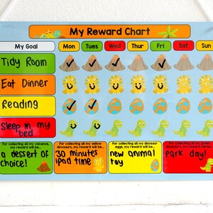 May include: A blue and yellow dinosaur-themed reward chart with a checklist for daily tasks. The chart includes a goal section with the words "Tidy Room", "Eat Dinner", "Reading", and "Sleep in my bed". The chart also includes a reward section with the words "a dessert of choice", "30 minutes ipad time", "new animal toy", and "park day!"