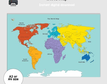 Digital Download World Map for Kids and Children, Teachers and Schools Educational Learning Resources, Countries and Geography Printables