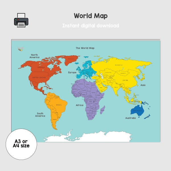 Digital Download World Map for Kids and Children, Teachers and Schools Educational Learning Resources, Countries and Geography Printables