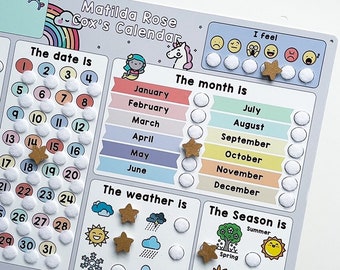 Unicorn Gift for Girls and Boys, Personalised Childrens Learning Calendar Pastel Theme