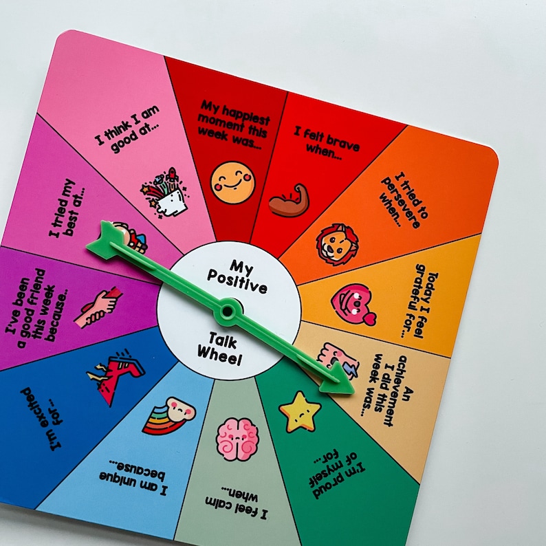 a wheel with different coloured sections, each with a different prompt to encourage positive thinking for children. On one section of the wheel it says 'I felt brave when..'. Spin the arrow to choose your prompt