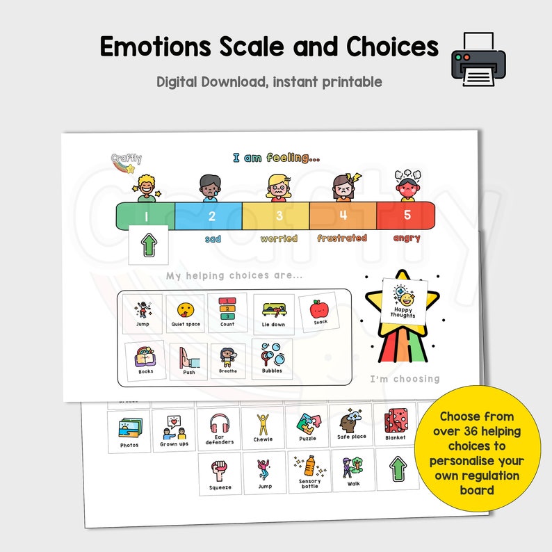 May include: A printable emotions scale and choices chart for children. The chart features a scale of 1 to 5, with corresponding emotions: sad, worried, frustrated, and angry.  The chart also includes a list of 36 helping choices to personalise your own regulation board.
