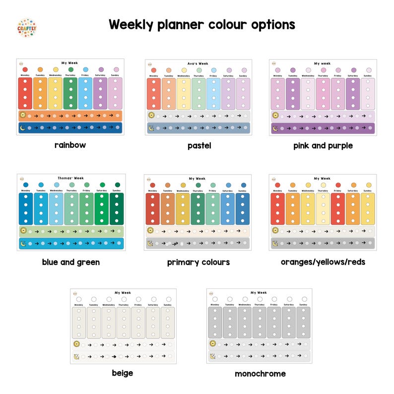 May include: A visual guide to different color options for a weekly planner. The planner has a grid layout with days of the week labeled. The color options include rainbow, pastel, pink and purple, blue and green, primary colors, oranges/yellows/reds, beige, and monochrome.