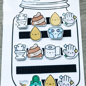 May include: A black and white printable activity for kids featuring a jar with a black velcro strip and various images of potty training items, including a toilet, poop, diaper, hand washing, and a roll of toilet paper. The text "Craftily" is printed in the bottom left corner of the image.