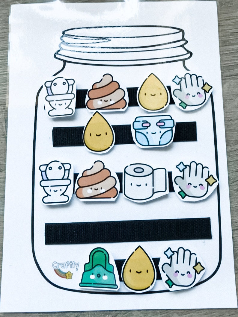 May include: A black and white printable activity for kids featuring a jar with a black velcro strip and various images of potty training items, including a toilet, poop, diaper, hand washing, and a roll of toilet paper. The text "Craftily" is printed in the bottom left corner of the image.
