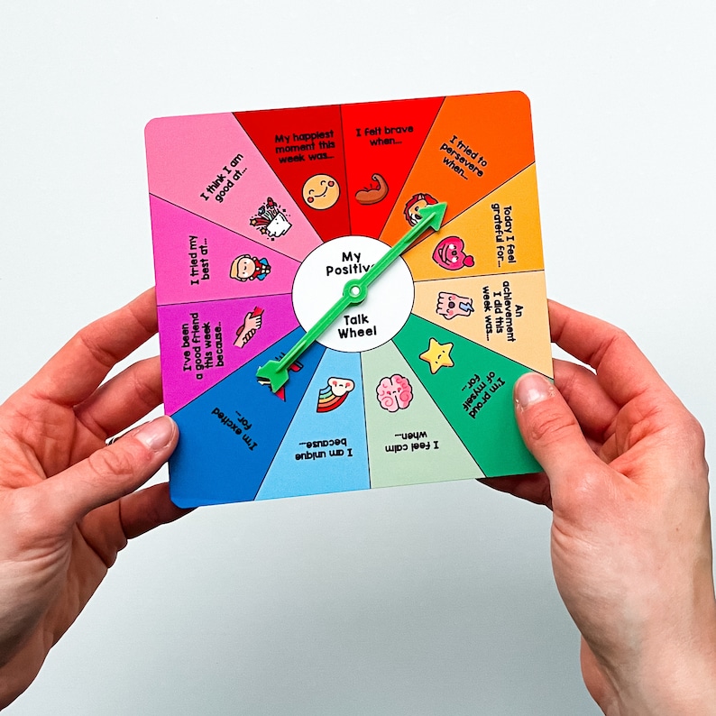 May include: A colorful, circular "My Positive Talk Wheel" with a green arrow pointer. The wheel has 12 sections, each with a different positive affirmation, such as "I tried my best at..." and "I feel calm when..."