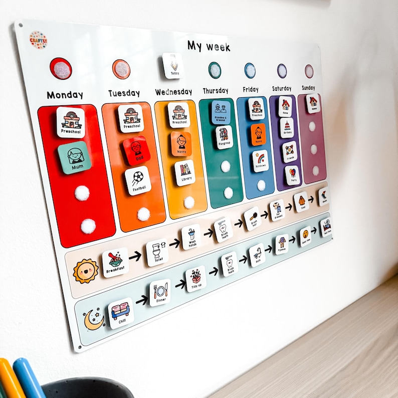 May include: A colorful weekly visual schedule for children with images and text for each day of the week. The schedule includes activities like preschool, library, football, and playtime. It also includes a routine for the day with images for breakfast, toilet, teeth brushing, and dinner.