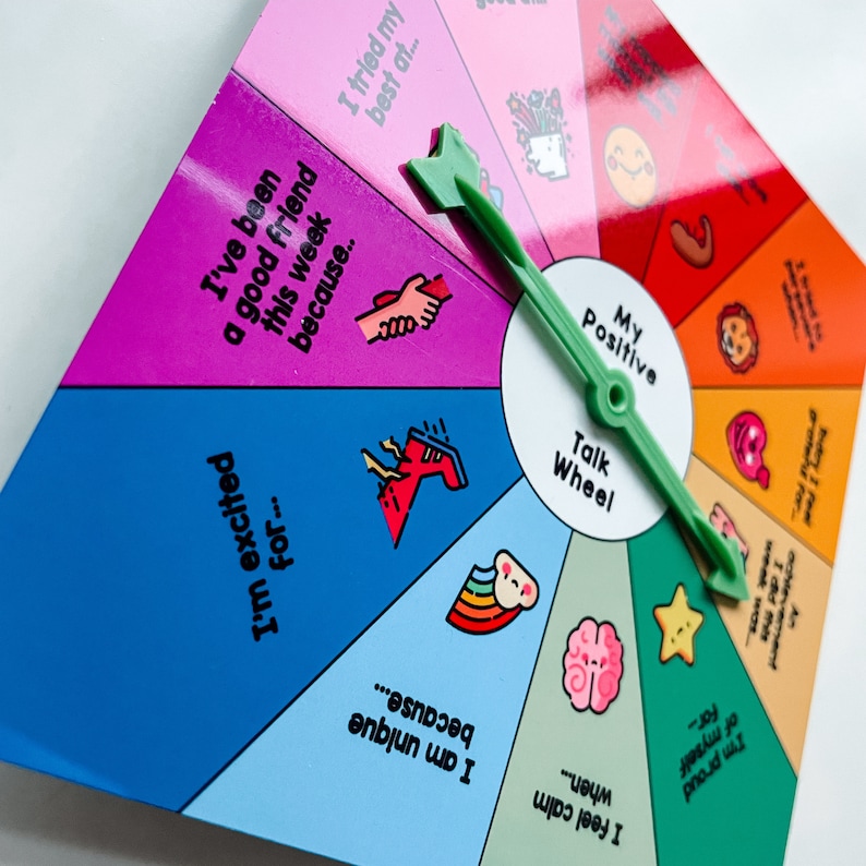 May include: A colorful paper wheel with a green arrow pointer. The wheel has different sections with positive affirmations and illustrations. The text on the wheel includes "My Positive Talk Wheel", "I've been a good friend this week because...", "I'm excited for...", "I feel calm when...", "I am unique because...", and "I'm proud of myself for..."