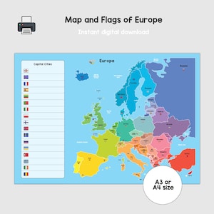 Druckbare Europa Karte für Kinder und Kinder, Lehrer und Schulen pädagogisch wertvolle Lernmittel, Homeschooling, Länder und Geographie