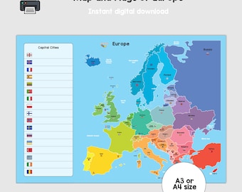 Printable Europe Map for Kids and Children, Teachers and Schools Educational Learning Resources, Homeschooling, Countries and Geography
