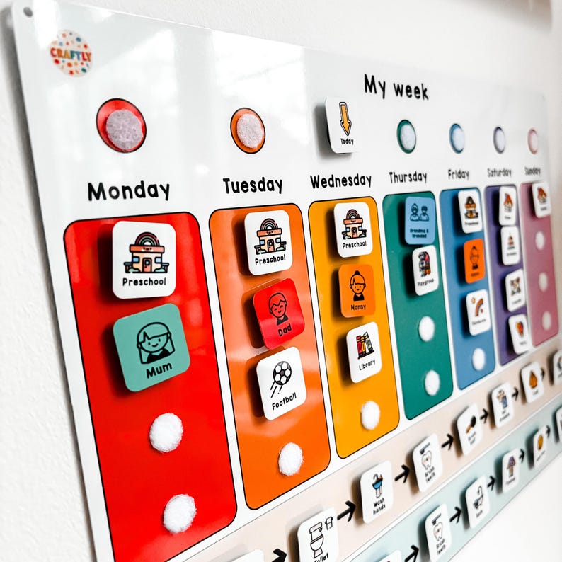 May include: A colorful visual schedule for children with velcro dots and squares. The schedule includes days of the week, activities like preschool, football, and library, and a section for daily routines. The text "My week" is at the top of the schedule.