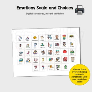 May include: A printable chart with 36 colourful icons representing different activities and strategies for emotional regulation. The chart is titled "Emotions Scale and Choices" and includes phrases like "Music", "Stretch", "Quiet Space", "Hug a Teddy", "Count", "Lie Down", "Feel a Breeze", "Playdough", "Books", "Run", "Cuddle", "Talk About It", "Snack", "Outside", "Photos", "Draw Ups", "Ear Defenders", "Chewie", "Puzzle", "Safe Place", "Blanket", "Yoyo", "Squeeze", "Jump", "Sensory Bottle", and "Walk".