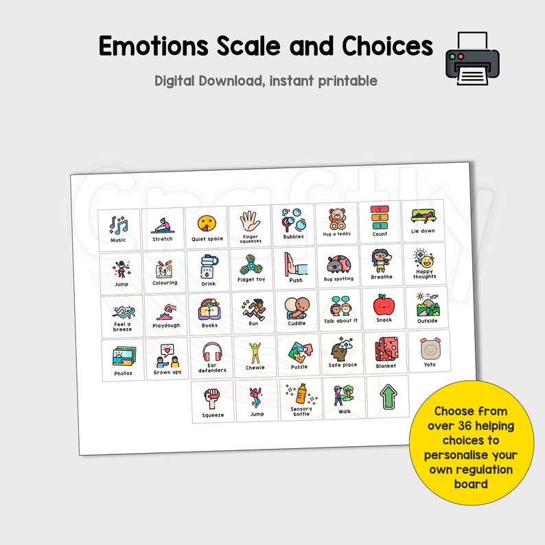 May include: A printable chart with 36 colourful icons representing different activities and strategies for emotional regulation. The chart is titled "Emotions Scale and Choices" and includes phrases like "Music", "Stretch", "Quiet Space", "Hug a Teddy", "Count", "Lie Down", "Feel a Breeze", "Playdough", "Books", "Run", "Cuddle", "Talk About It", "Snack", "Outside", "Photos", "Draw Ups", "Ear Defenders", "Chewie", "Puzzle", "Safe Place", "Blanket", "Yoyo", "Squeeze", "Jump", "Sensory Bottle", and "Walk".