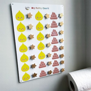 Peut inclure: Un tableau blanc avec le texte "My Potty Chart!" imprimé dessus. Le tableau est composé d'une grille de gouttes de pluie jaunes et d'émojis de caca bruns. Chaque emoji a un visage heureux. Il y a des étoiles dorées et des étoiles dorées avec un emoji de caca brun.