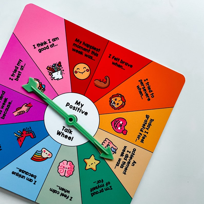 May include: A colorful, circular "My Positive Talk Wheel" with a green arrow pointer. The wheel is divided into 12 sections, each with a different positive affirmation and a small illustration. The affirmations include "I think I am good at...", "My happiest moment this week was...", "I felt brave when...", "I tried my best at...", "I tried to persevere when...", "Today I feel grateful for...", "An achievement I did this week was...", "I'm proud of myself for...", "I feel calm when...", "I am unique because...", "This week was because...", and "My happiest moment this week was...".