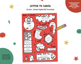 Christmas Letter to Santa for Children, Bespoke Gratitude and Mindfulness Activity Digital Download Printable
