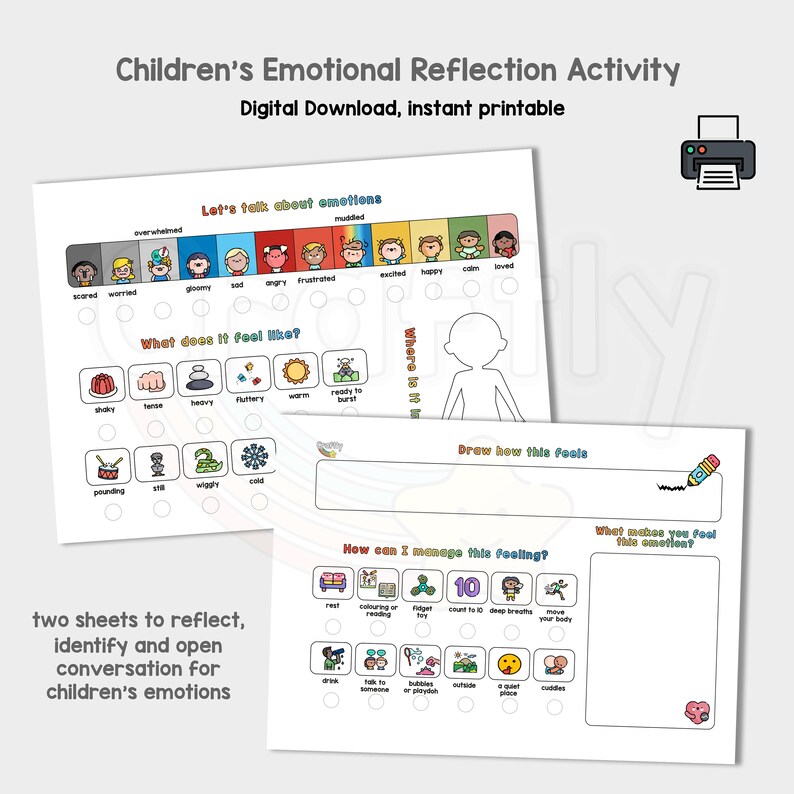 Op de afbeelding: Twee printbare werkbladen om kinderen te helpen hun emoties te identificeren en te reflecteren. Het eerste werkblad heeft een tabel met emoties, een sectie om te beschrijven hoe de emotie aanvoelt en een plek om te tekenen hoe de emotie eruitziet. Het tweede werkblad heeft een sectie om te beschrijven wat het kind die emotie laat voelen en een sectie om te helpen de emotie te beheren.
