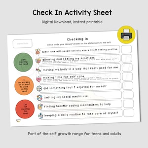 Check In Mindfulness Prompt Sheet, Therapy Resources for Counsellors, Children and Teen Therapy, Self Improvement Activity Digital Download