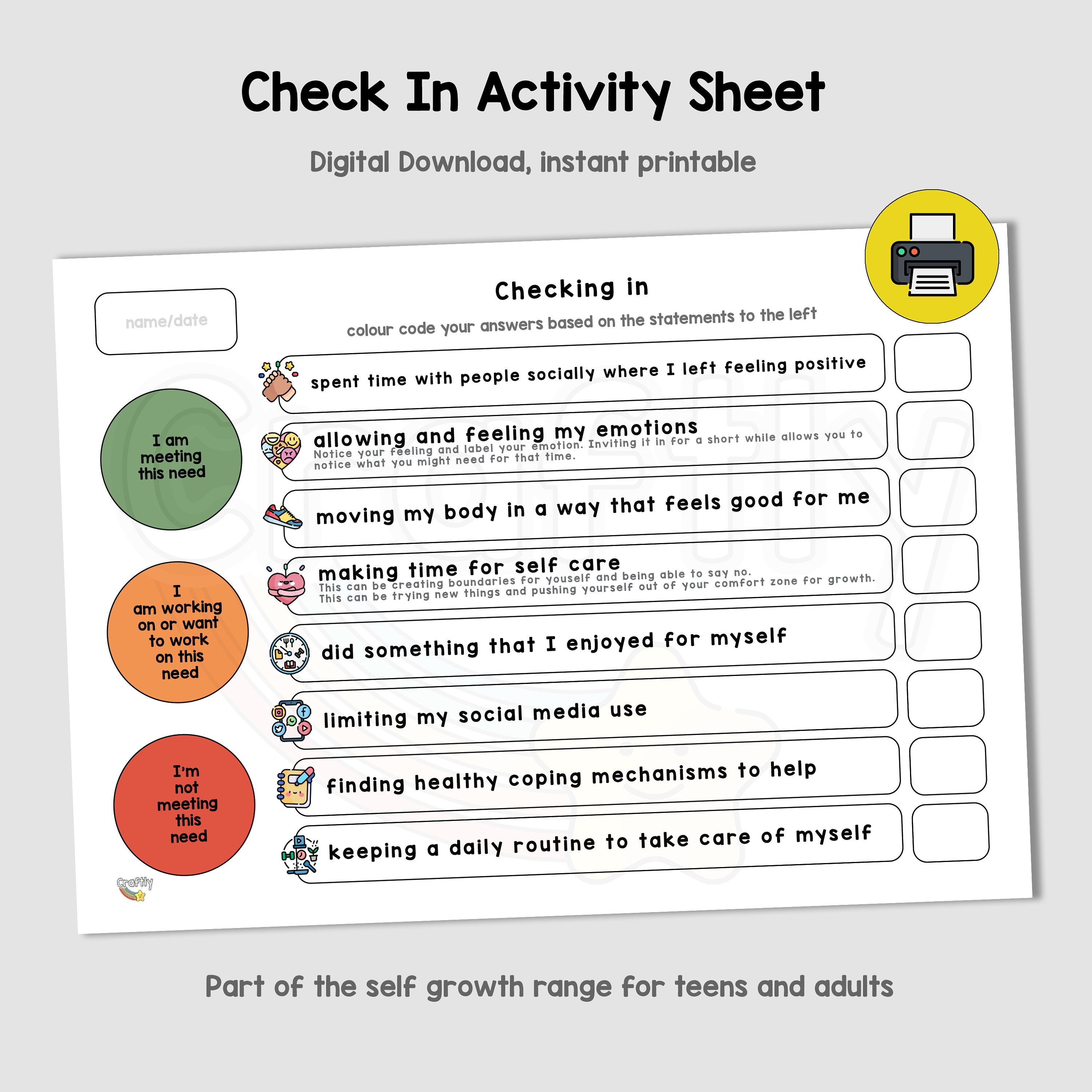 Mindfulness Check-In Sheet: Therapy Self-Improvement Activity (Digital Download)