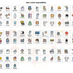 May include: A colorful visual chart with icons representing daily routines and responsibilities. The chart is divided into three sections: morning, afternoon, and evening. Each section has a grid of icons representing activities such as brushing teeth, getting dressed, eating breakfast, reading books, playing games, taking a bath, and going to bed.