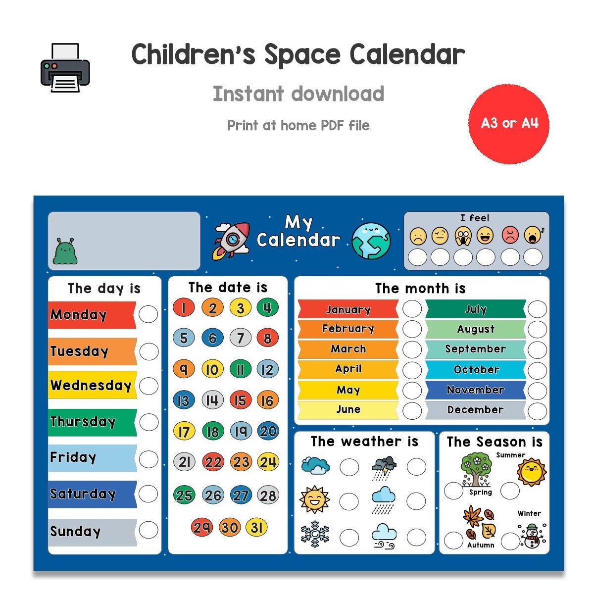 kids-space-calendar-digital-download-childrens-calendar-printable-learning-weather-chart-my-first-calendar-etsy