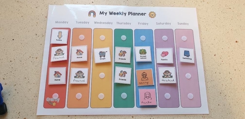 Puede incluir: Un planificador semanal colorido con un arco&iacute;ris y una estrella dorada. El planificador tiene siete columnas para cada d&iacute;a de la semana, con espacios para pegatinas o im&aacute;genes. Los d&iacute;as de la semana est&aacute;n etiquetados: Lunes, Martes, Mi&eacute;rcoles, Jueves, Viernes, S&aacute;bado y Domingo. El planificador tiene las palabras "My Weekly Planner" en la parte superior.