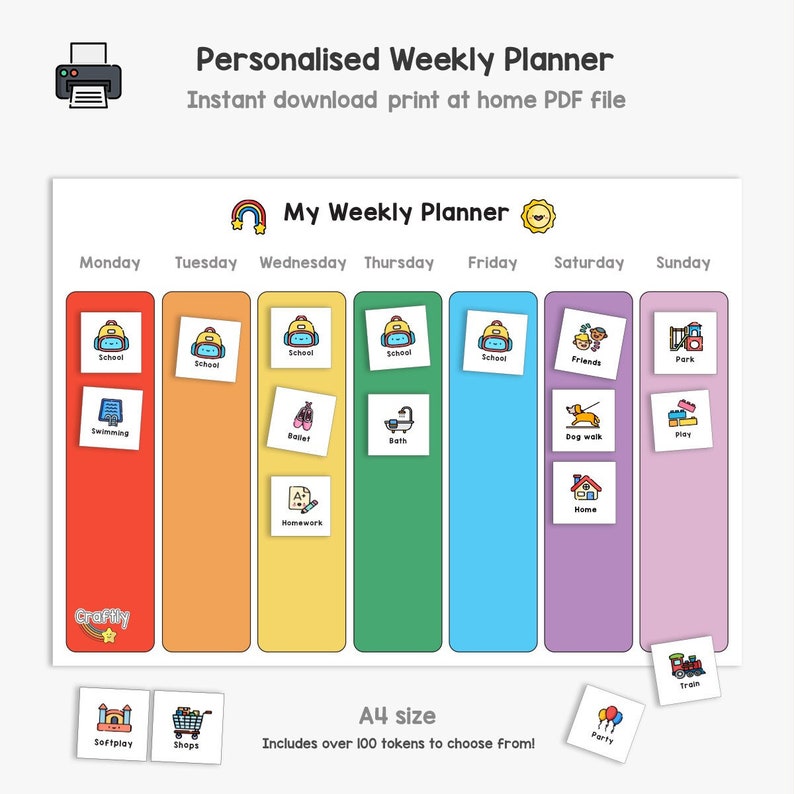 Puede incluir: Un planificador semanal imprimible colorido con un icono de arco&iacute;ris y sol. El planificador tiene siete columnas para cada d&iacute;a de la semana, de lunes a domingo. Cada columna tiene un espacio para una pegatina o un icono para representar una actividad. El planificador incluye m&aacute;s de 100 fichas para elegir. El planificador es de tama&ntilde;o A4.