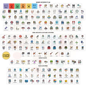 May include: A colorful chart with icons representing different activities, people, and places. The chart is divided into four sections: people and places to go, clubs and extra curricular activities, school events, and home activities. Each section has a grid of icons with corresponding text labels.