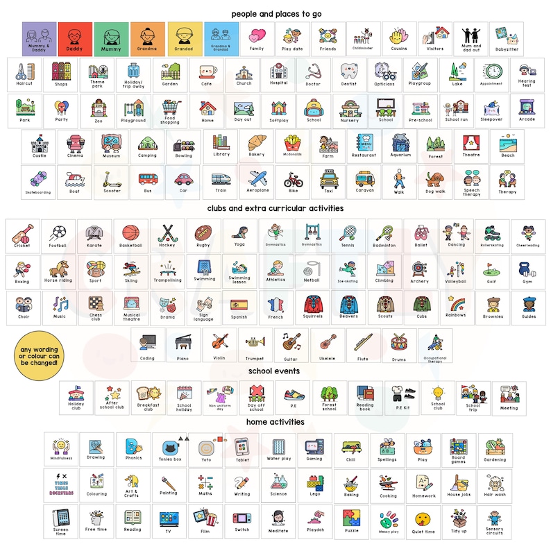 May include: A colorful chart with icons representing different activities, people, and places. The chart is divided into four sections: people and places to go, clubs and extra curricular activities, school events, and home activities. Each section has a grid of icons with corresponding text labels.