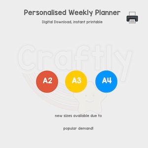 Puede incluir: Una descarga digital de un planificador semanal imprimible en tama&ntilde;os A2, A3 y A4. El planificador est&aacute; disponible en un esquema de colores arco&iacute;ris con la palabra "Craftly" en texto blanco.