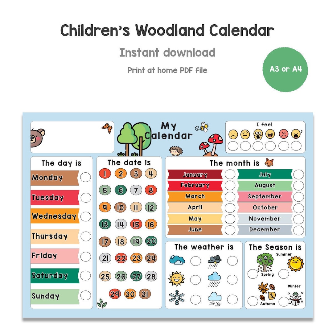 Toddler Woodland Calendar Printable My First Calendar Etsy