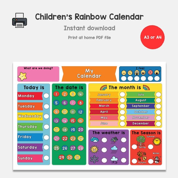 Kids Rainbow Calendar Printable, My First Calendar, Digital Download, Childrens Learning Planner, Rainbow Kids Room Decor, Routine Chart - Etsy Kids Rainbow Calendar Printable, My First Calendar, Digital Download, Childrens Learning Planner, Rainbow Kids Room Decor, Routine Chart - Etsy
