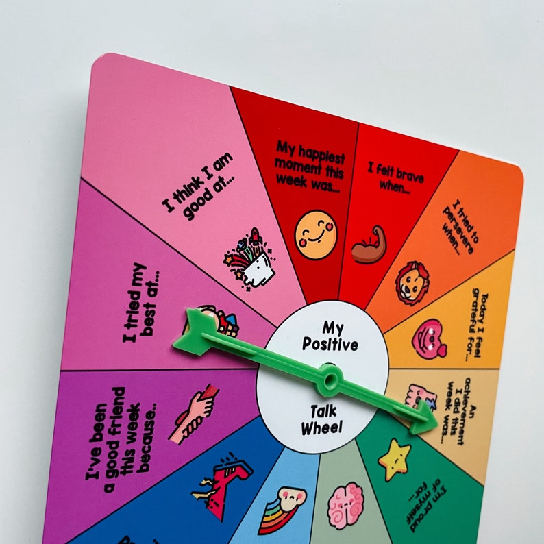 May include: A colorful paper wheel with a green arrow pointer. The wheel is divided into 10 sections, each with a different prompt for positive reflection. The prompts include "I think I am good at...", "I tried my best at...", "I've been a good friend this week because...", "My happiest moment this week was...", "I felt brave when...", "I tried to persevere when...", "Today I feel grateful for...", "An achievement I did this week was...", "I'm proud of myself for...", and "My Positive Talk Wheel".
