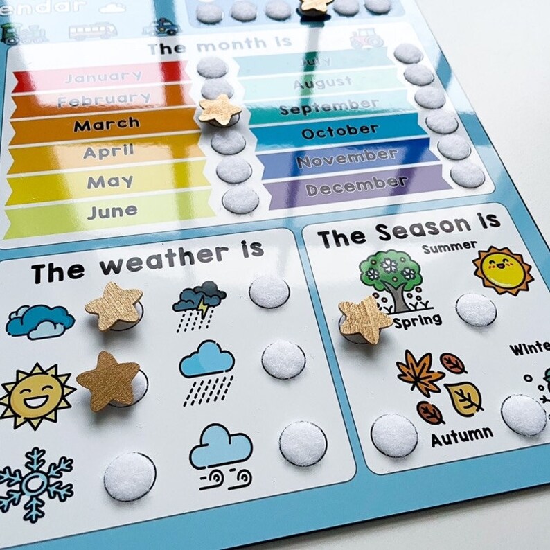 K&ouml;nnte beinhalten: Ein farbenfroher Lerntafel mit einem Kalender, Wetter und Jahreszeiten. Die Tafel hat einen Regenbogenhintergrund mit wei&szlig;en Kreisen und Symbolen f&uuml;r jeden Monat, Wetterzustand und Jahreszeit. Die Tafel enth&auml;lt auch den Text "Der Monat ist", "Das Wetter ist" und "Die Jahreszeit ist".