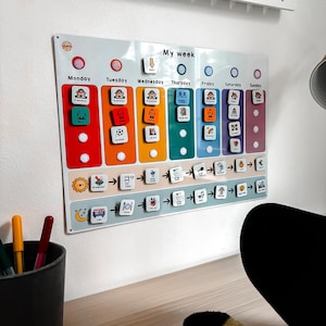 May include: A colorful visual schedule for children with images of daily activities, including getting dressed, eating breakfast, going to school, playing, and bedtime. The schedule is organized by day of the week, with each day represented by a different color.