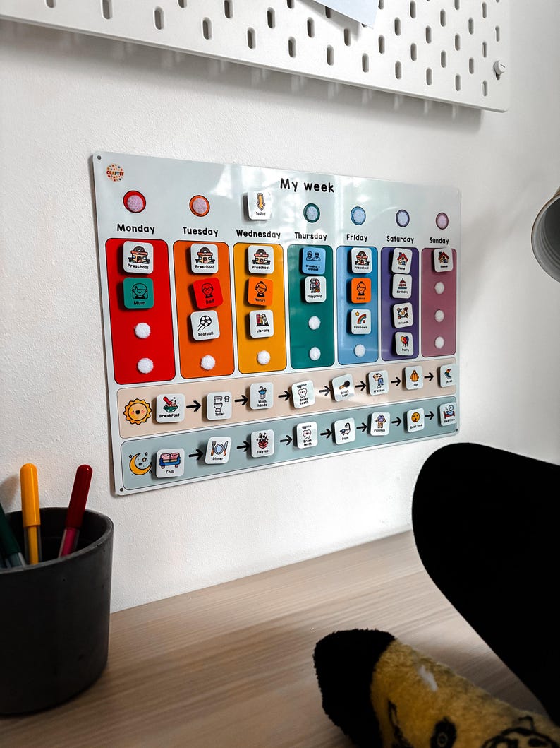 May include: A colorful visual schedule for children with images of daily activities, including getting dressed, eating breakfast, going to school, playing, and bedtime. The schedule is organized by day of the week, with each day represented by a different color.