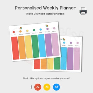 Puede incluir: Planificador semanal imprimible con columnas de colores arco&iacute;ris para cada d&iacute;a de la semana. El planificador est&aacute; disponible en tama&ntilde;os A2, A3 y A4. El texto "Personalised Weekly Planner" y "Digital Download, instant printable" est&aacute; en la parte superior de la imagen.
