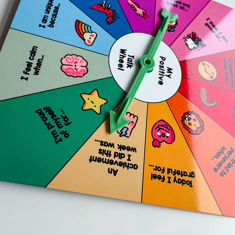 May include: A colorful paper wheel with a green pointer. The wheel has different sections with positive affirmations and illustrations. The pointer is pointing to the section that says "An achievement I did this week was..."