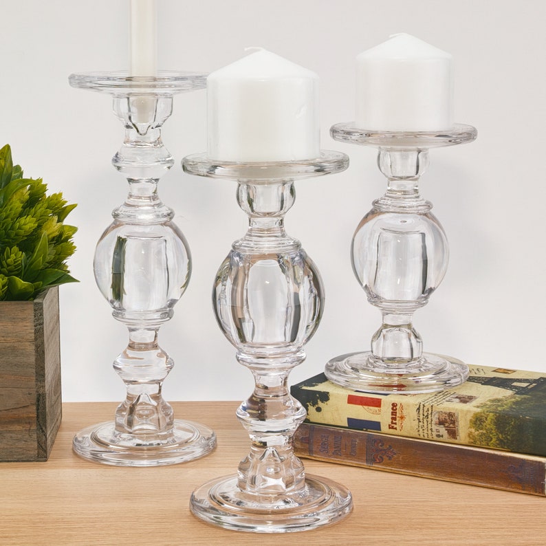 Glass Pillar Taper Stick Candle Holder with Stem Set of 3. Etsy